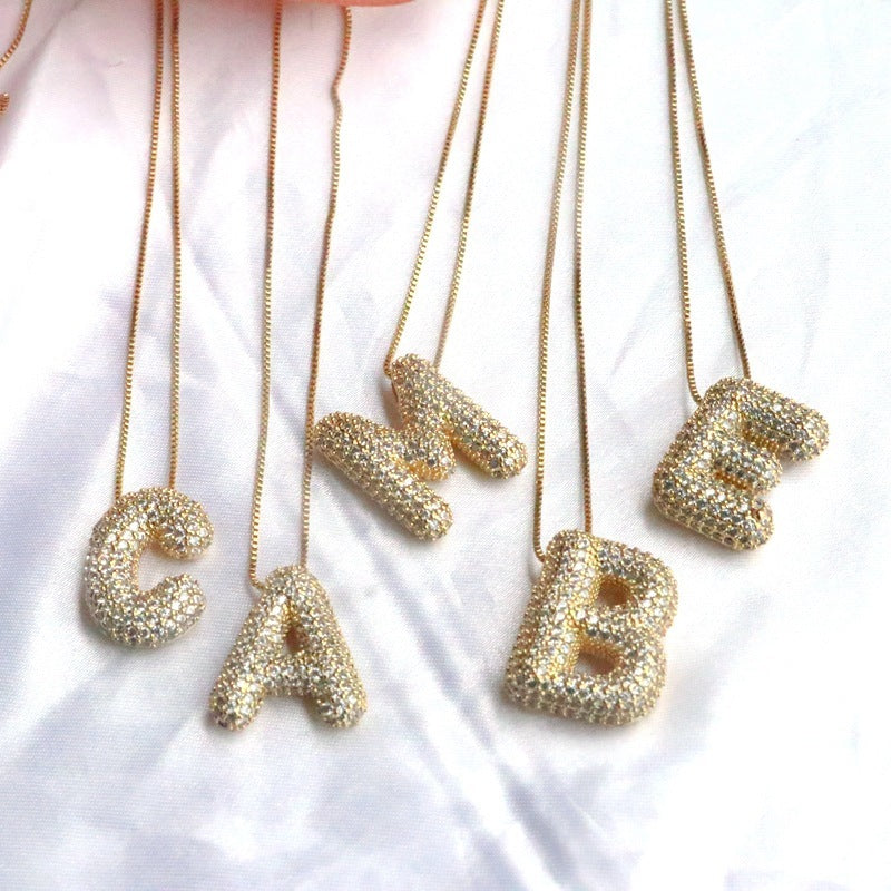 Brass Zircon Bubble Balloon Letter Pendant Necklace