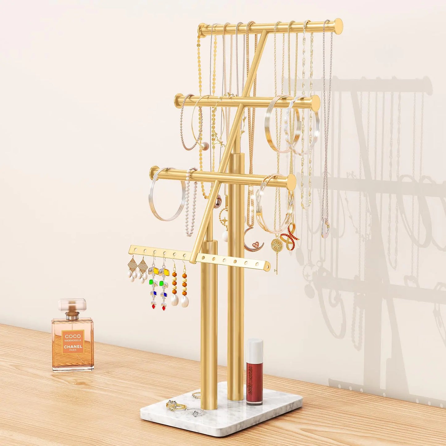 Gold Jewelry Tree Stand Organizer with Marble Base 17" Tall Necklace Display Stand