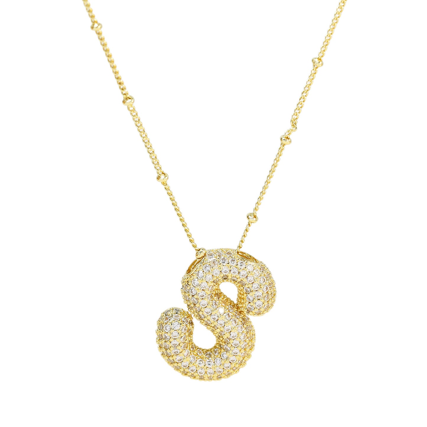 Brass Zircon Bubble Balloon Letter Pendant Necklace