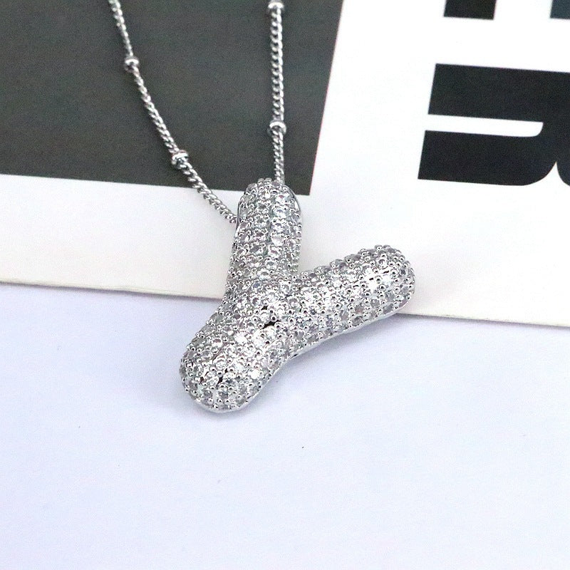Brass Zircon Bubble Balloon Letter Pendant Necklace