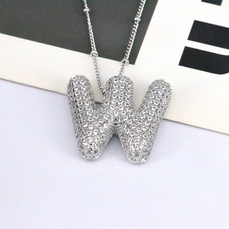 Brass Zircon Bubble Balloon Letter Pendant Necklace