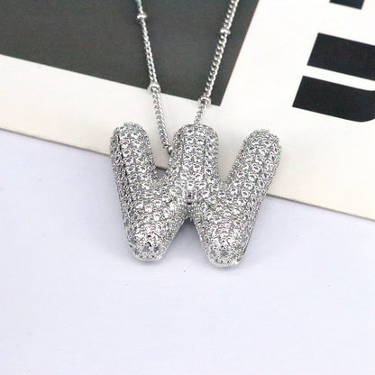 Brass Zircon Bubble Balloon Letter Pendant Necklace