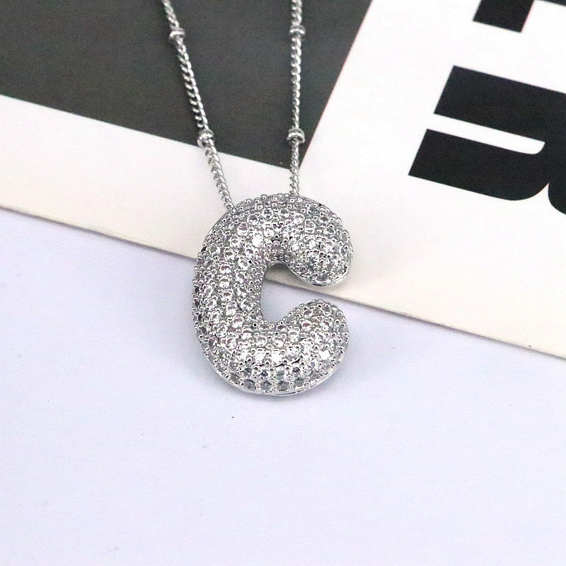 Brass Zircon Bubble Balloon Letter Pendant Necklace