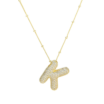 Brass Zircon Bubble Balloon Letter Pendant Necklace