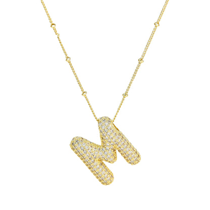 Brass Zircon Bubble Balloon Letter Pendant Necklace