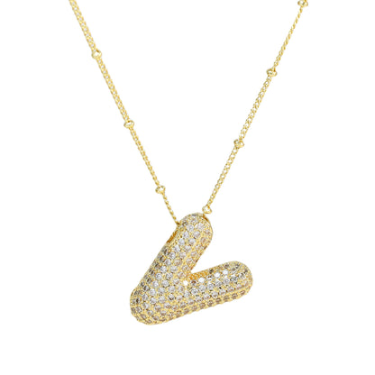 Brass Zircon Bubble Balloon Letter Pendant Necklace