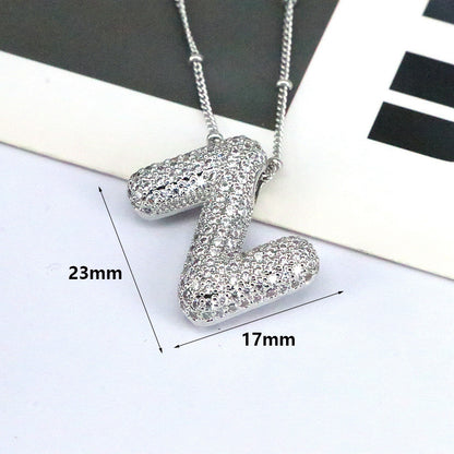 Brass Zircon Bubble Balloon Letter Pendant Necklace