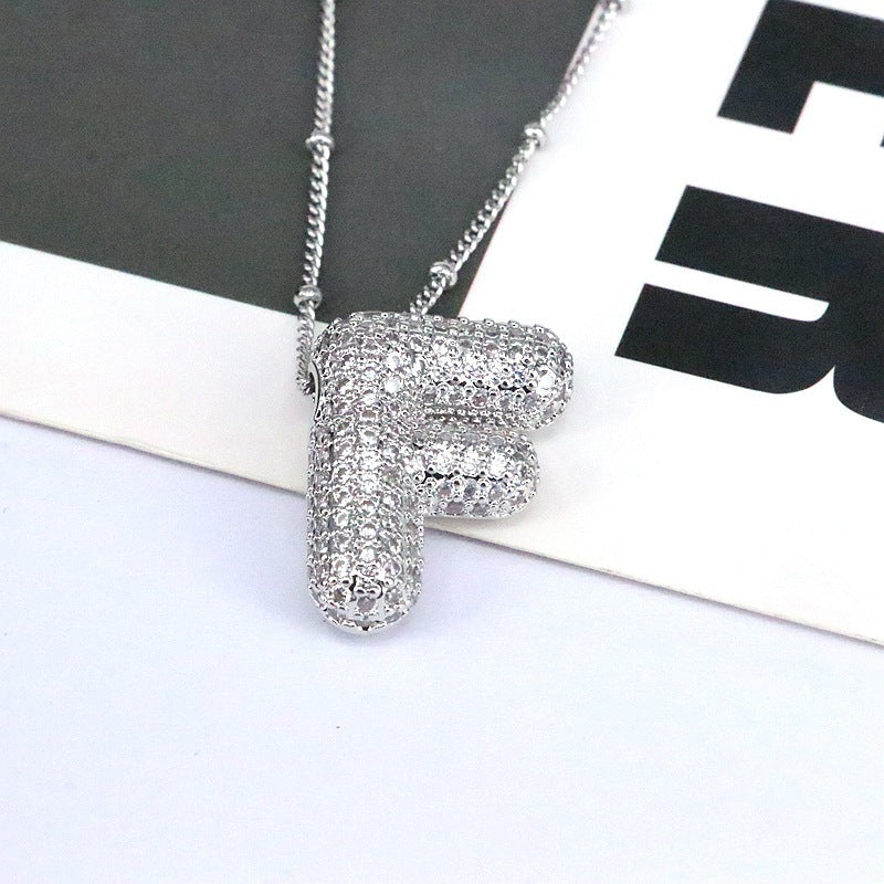 Brass Zircon Bubble Balloon Letter Pendant Necklace