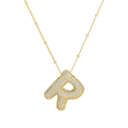 Brass Zircon Bubble Balloon Letter Pendant Necklace