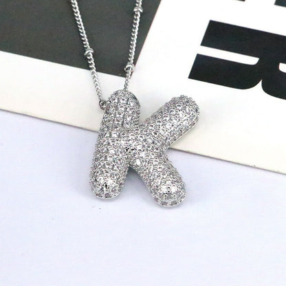 Brass Zircon Bubble Balloon Letter Pendant Necklace