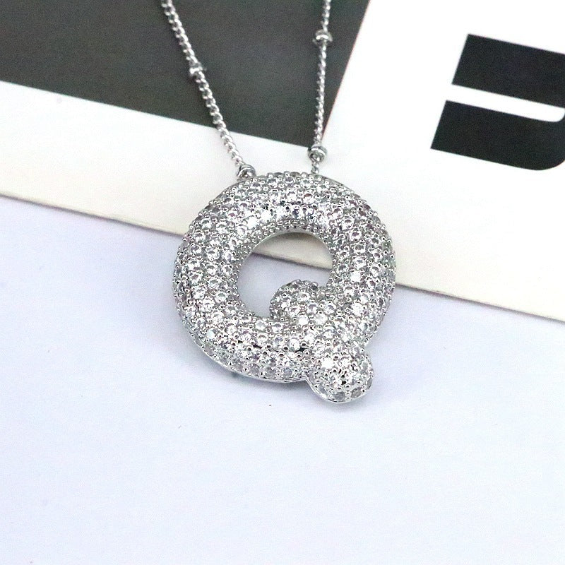 Brass Zircon Bubble Balloon Letter Pendant Necklace