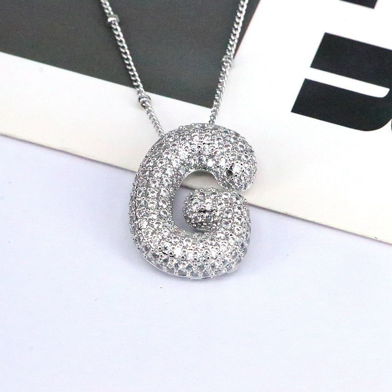 Brass Zircon Bubble Balloon Letter Pendant Necklace