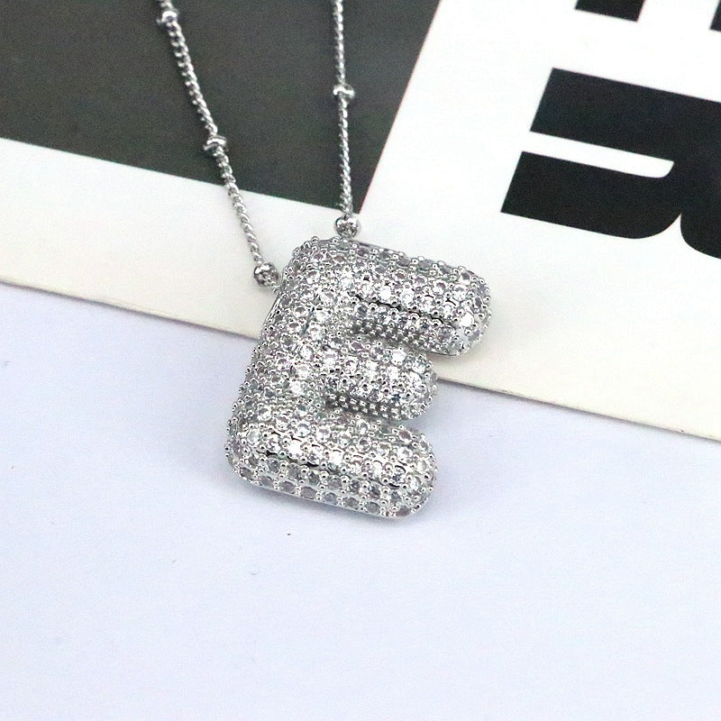 Brass Zircon Bubble Balloon Letter Pendant Necklace
