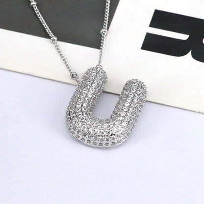Brass Zircon Bubble Balloon Letter Pendant Necklace