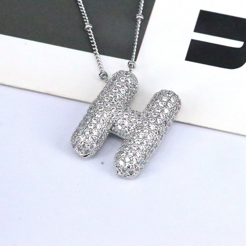 Brass Zircon Bubble Balloon Letter Pendant Necklace