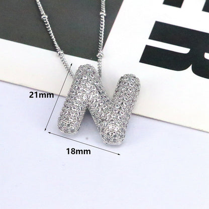 Brass Zircon Bubble Balloon Letter Pendant Necklace