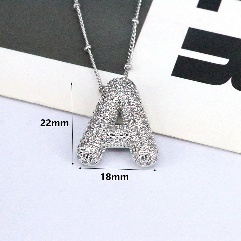 Brass Zircon Bubble Balloon Letter Pendant Necklace