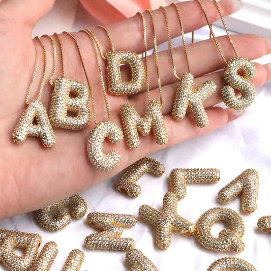 Brass Zircon Bubble Balloon Letter Pendant Necklace