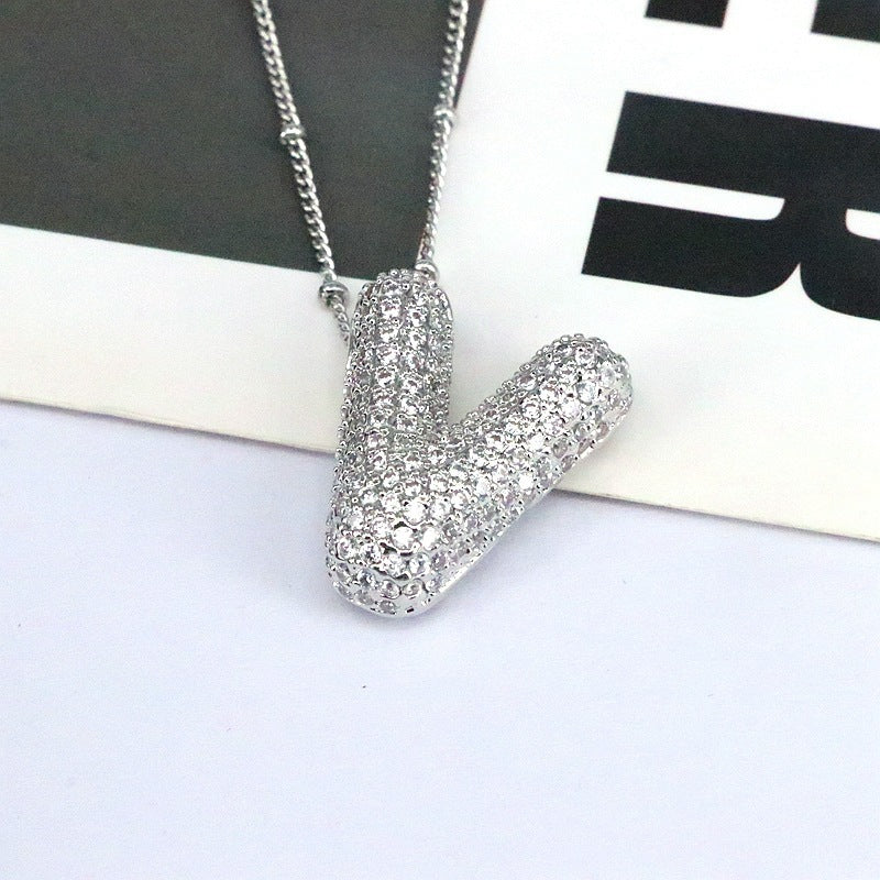 Brass Zircon Bubble Balloon Letter Pendant Necklace