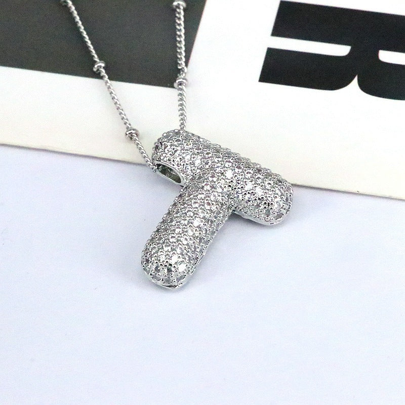 Brass Zircon Bubble Balloon Letter Pendant Necklace