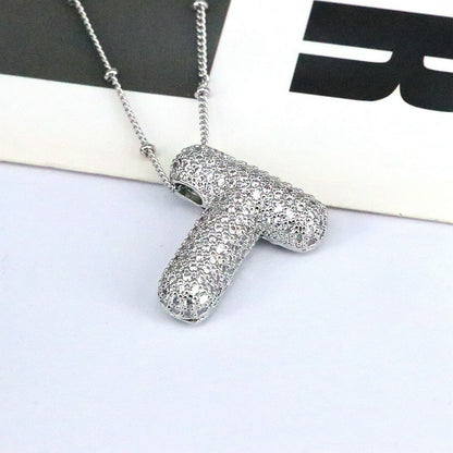 Brass Zircon Bubble Balloon Letter Pendant Necklace