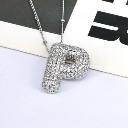 Brass Zircon Bubble Balloon Letter Pendant Necklace