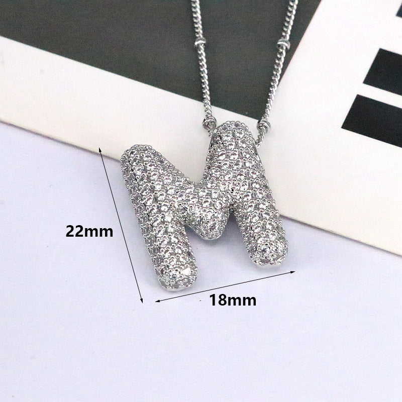 Brass Zircon Bubble Balloon Letter Pendant Necklace