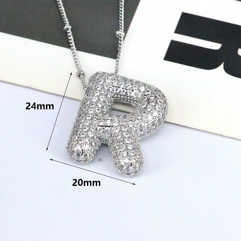 Brass Zircon Bubble Balloon Letter Pendant Necklace