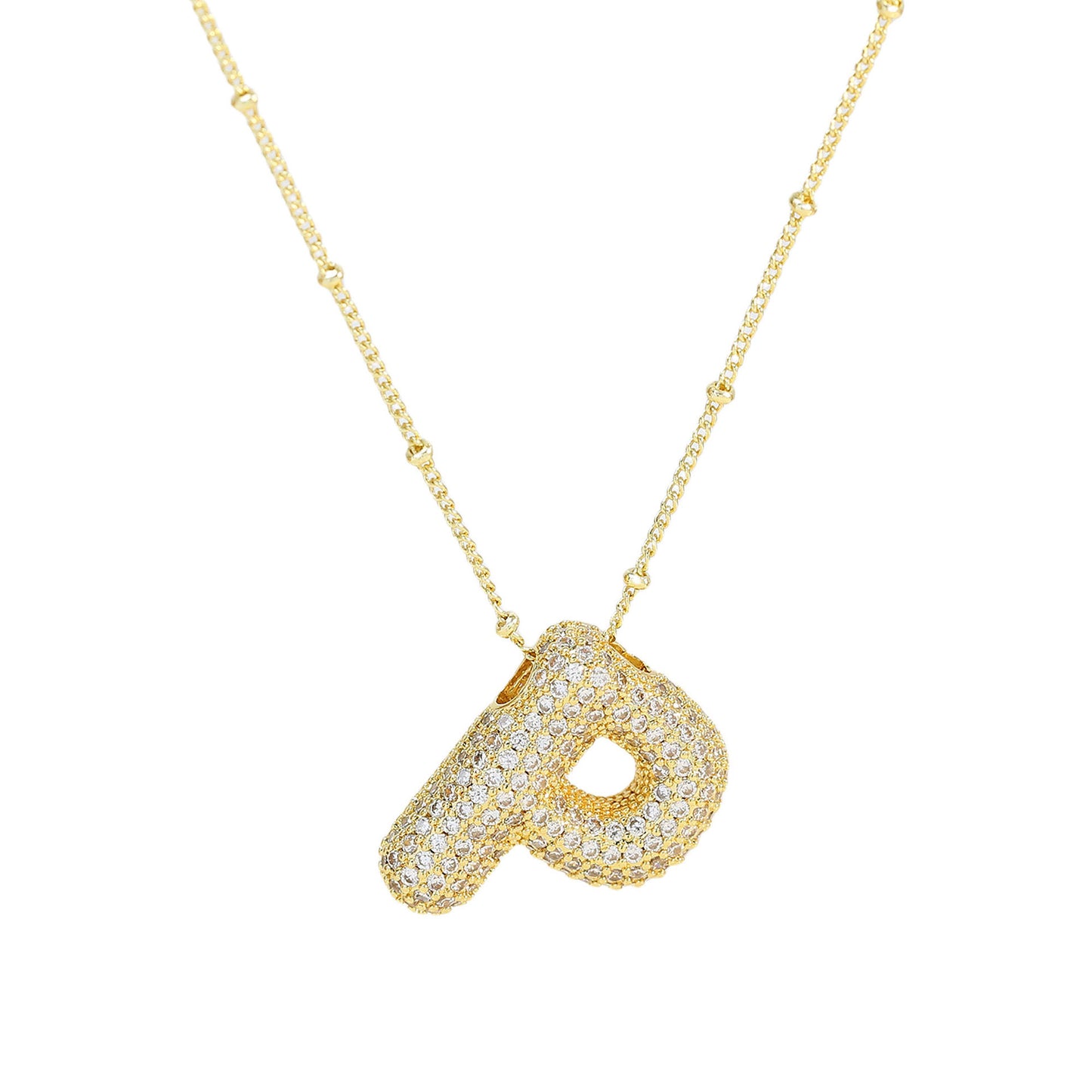 Brass Zircon Bubble Balloon Letter Pendant Necklace